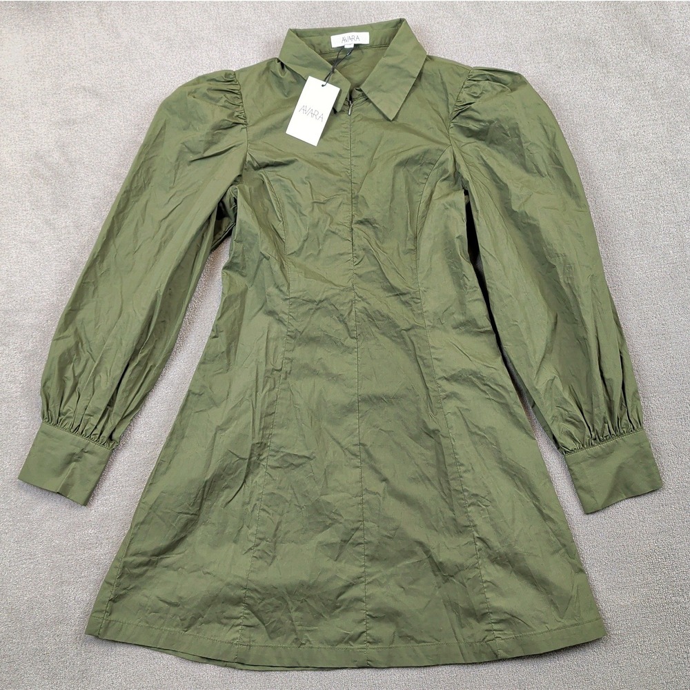 Avara Rhett Dress Women XS Olive Green Cotton Puff Sleeve Zip Front Mini NWT